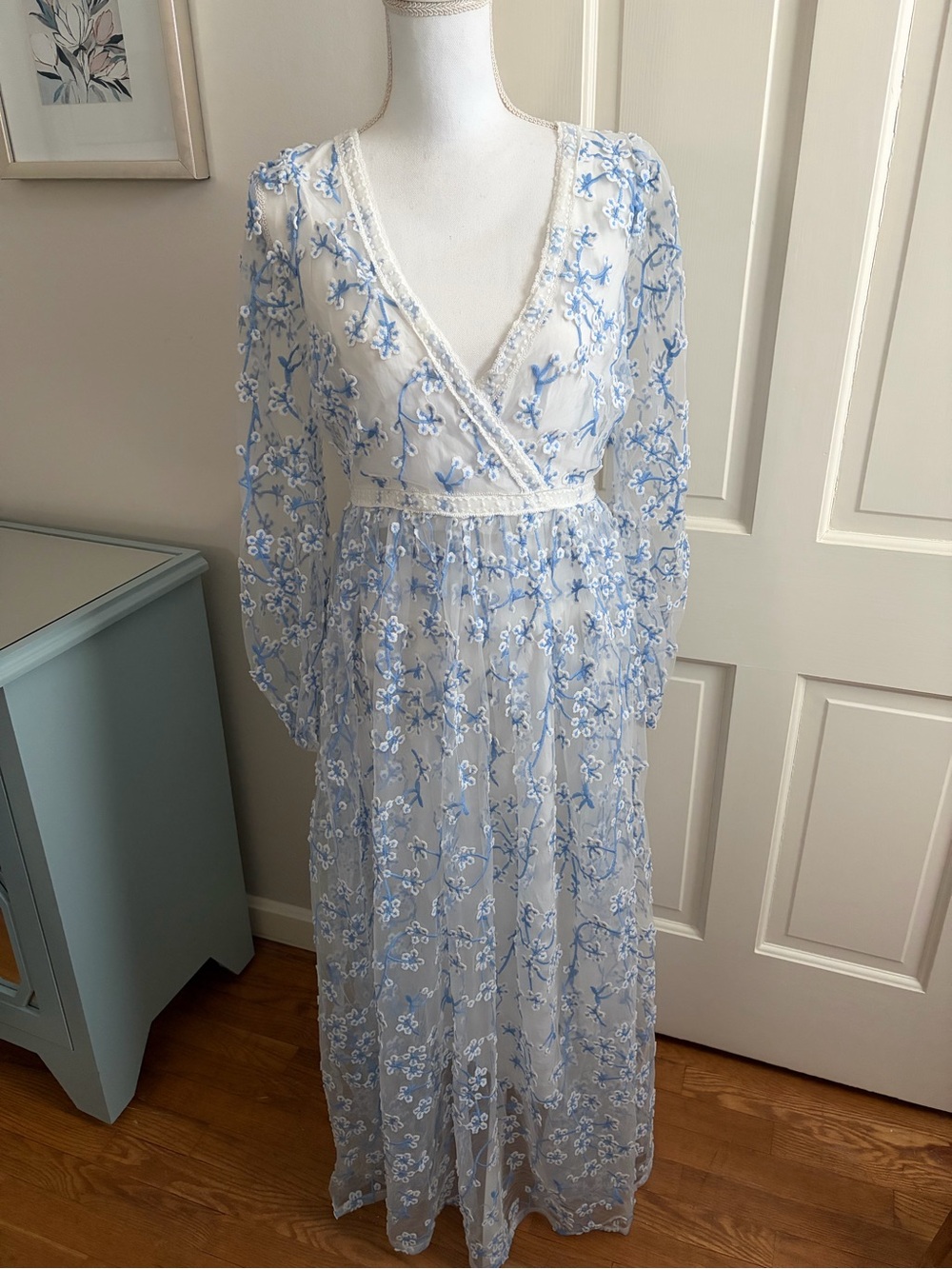 Just Me, Size Medium, White Maxi Dress with Light Blue Floral Embroidery